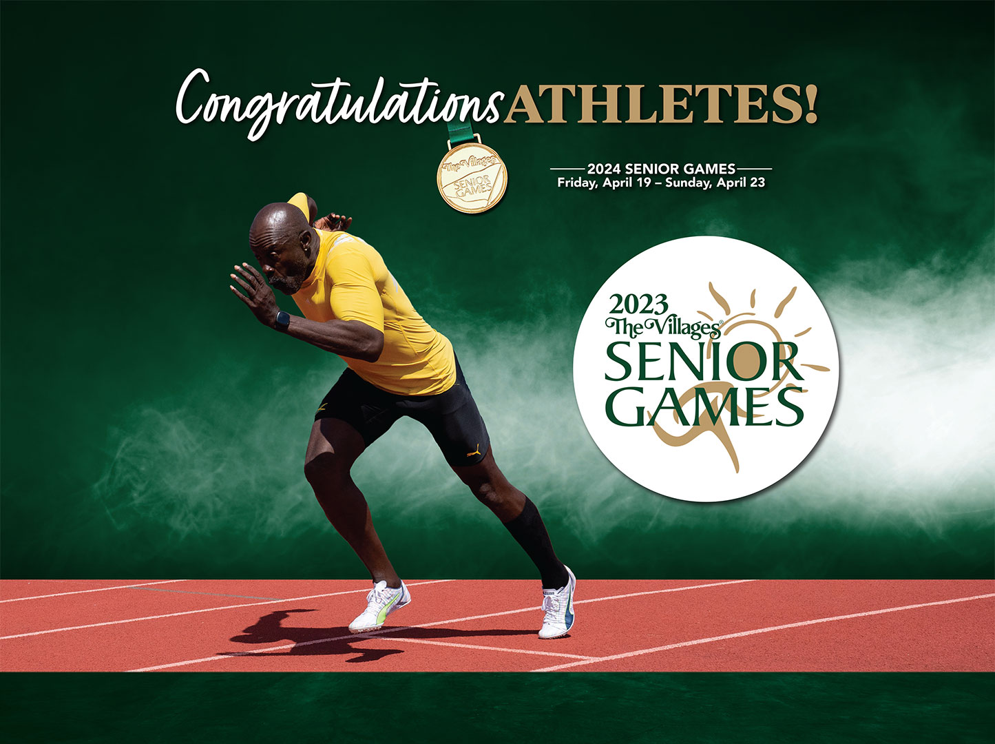 A congratulations message above an athlete on a track and The Villages senior games 2023 logo to the right